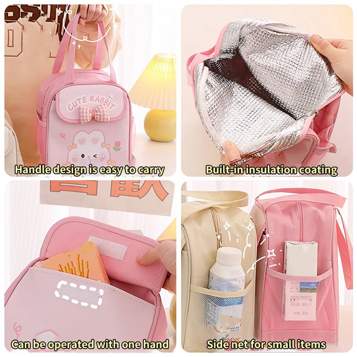 Kawaii Lunch Bag for Girls Cute Lunch Box Bag Insulated Bag Reusable Tote Bag for Hot or Cold Work Pink