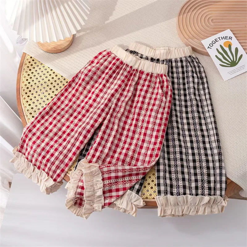 Children's Summer Trousers Girls Fashion Loose Pants Spring Casual Straight Pants New Kids Elastic Waist Lace Bottoms 12M-8 Year