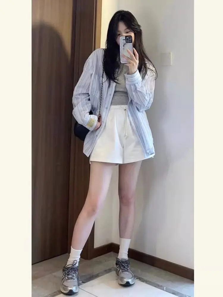 블루 스트라이프 셔츠 여성용 긴팔 봄 가을 2024 신상 디자인 슬림핏 폴로 칼라 버튼 다운 다용도 아우터웨어