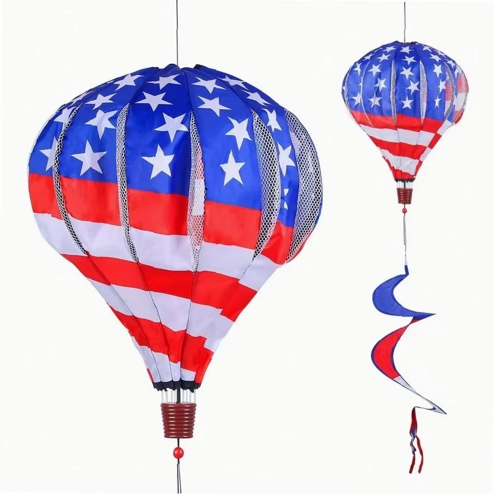 Patriotic Hot Air Balloon Wind Spinner American Flag Kinetic Wind Twister with Tail Outdoor Spiral Windmill Garden Yard