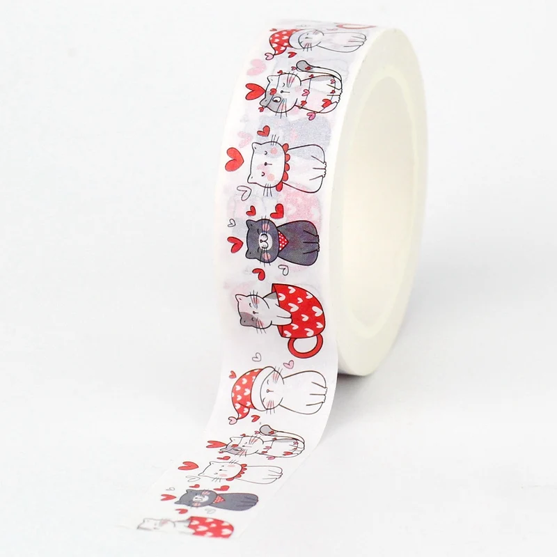 10pcs/lot Cute Cats with Red Hearts Cup Valentine Washi Tapes Decor Scrapbooking Planner Adhesive Masking Tape Kawaii Papeleria