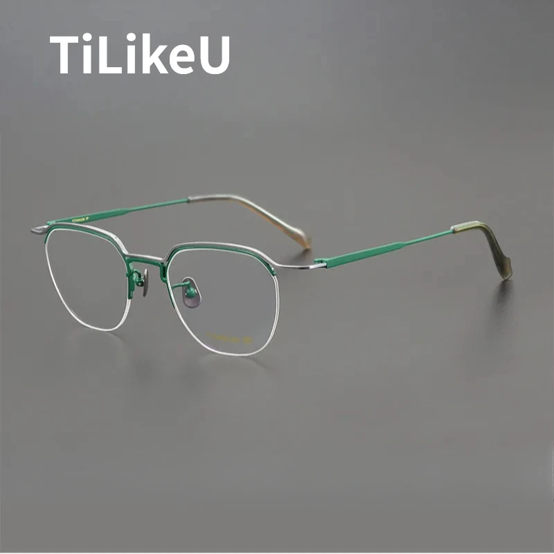 

Fashion Students Oval Half-frame Pure Titanium Two-tone Myopia Eyeglasses Retro Literary Men Women Anti-light Read Glasses Frame