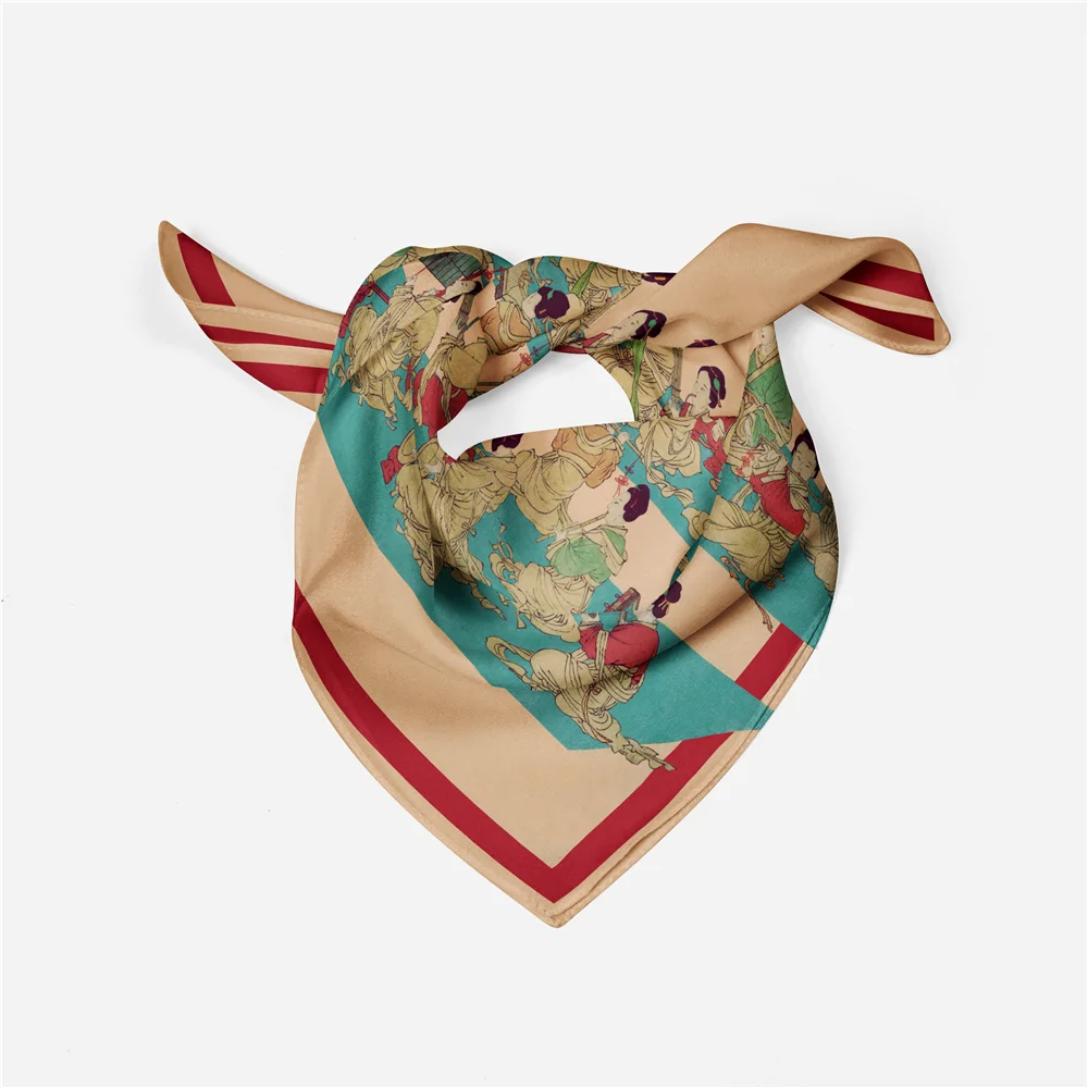 Bufanda de seda de sarga para mujer, pañuelo cuadrado de pintura china, Bandana pequeña, Hijab de seda, diadema, 53CM