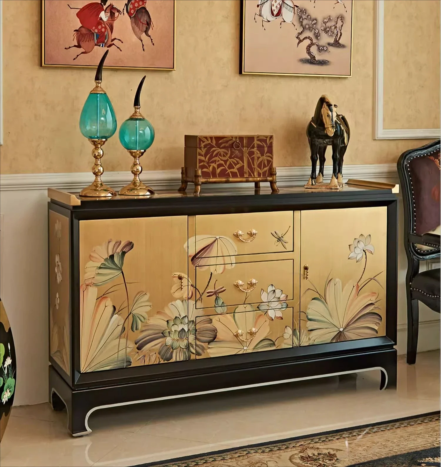 Y Gold foil painted lotus living room entrance decorative cabinet side cabinet