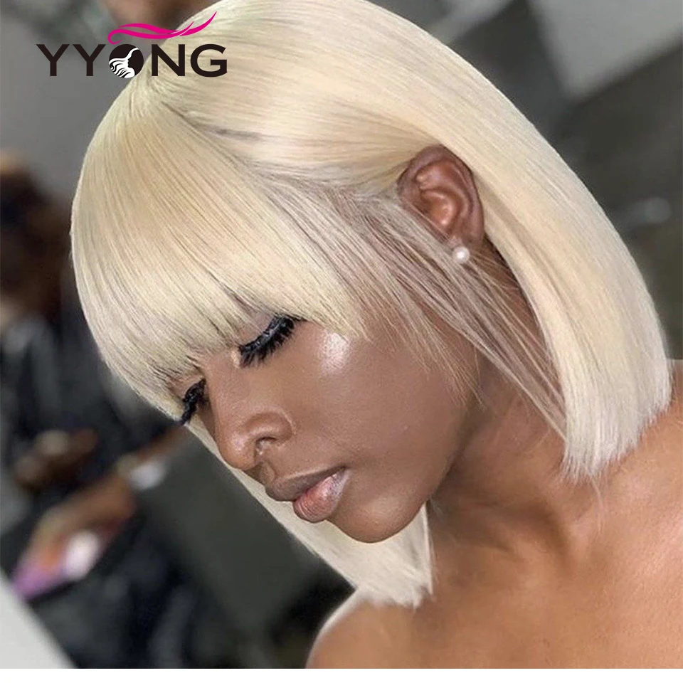 Yyong Blond Bob Wig 613 Straight Short Bob Wig With Bangs 100% Human Hair Brazilian Remy Wigs For Women 180% Honey Blonde Color