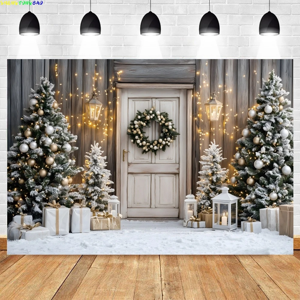 

Winter Christmas Photography Backdrop Barn Wooden Door Xmas Tree Gifts Kids Family Party Decor Background Photo Studio Props