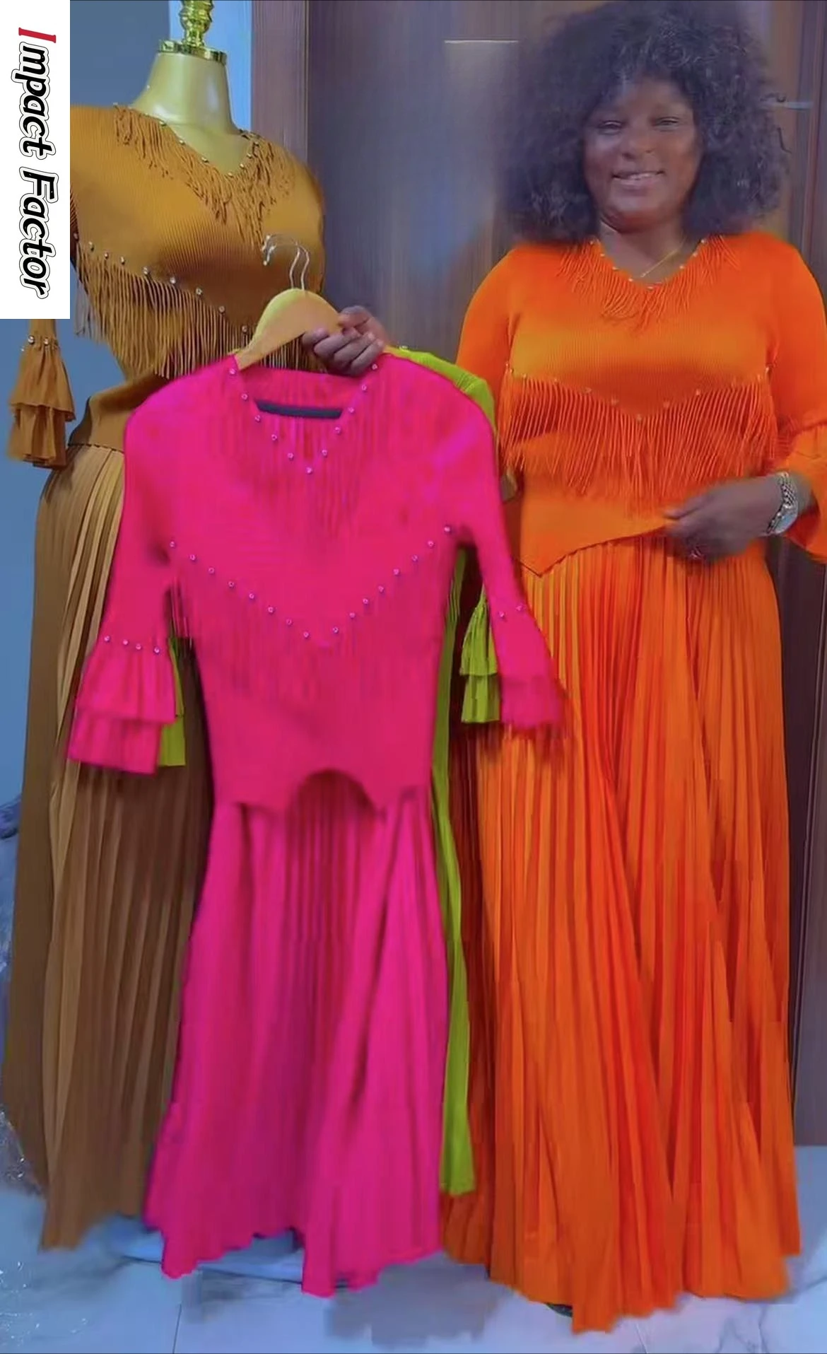 

Miyake Pleated Temperament Suit Women's Design Sense Fringed Bead V-neck Top + Heavy Industry Pleated Skirt Two-piece Set Women