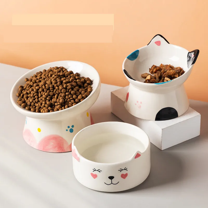

Миска для кошек на высоких ножках, наклонная противоударная мультяшная защита шеи, антидетонационная керамическая миска для собак, кормушка для корма для домашних животных