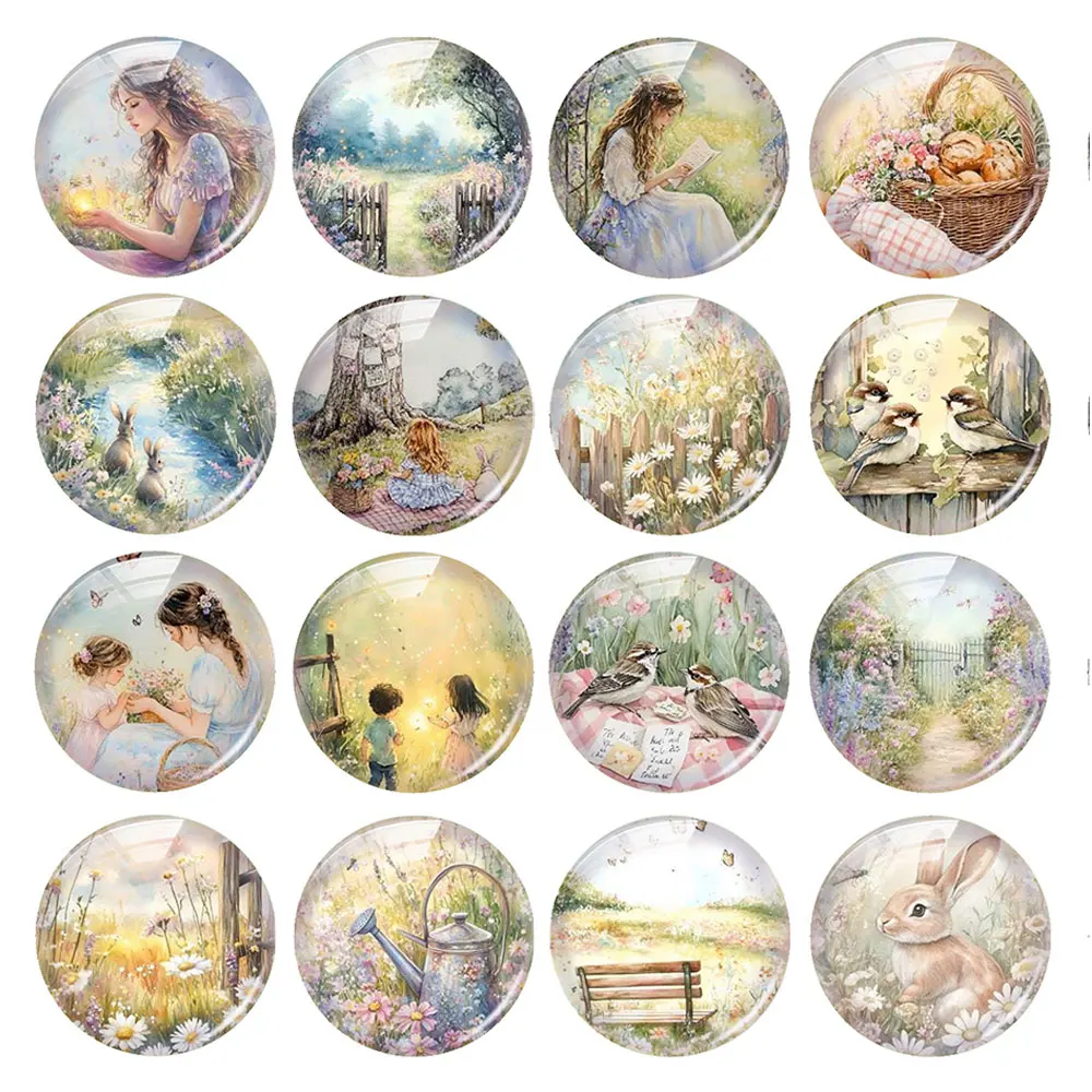 Random Mixed Round/Oval/Square Spring Rural Watercolor Flower Photo Glass Cabochon Flatback Demo Cameo For Diy Jewelry Making