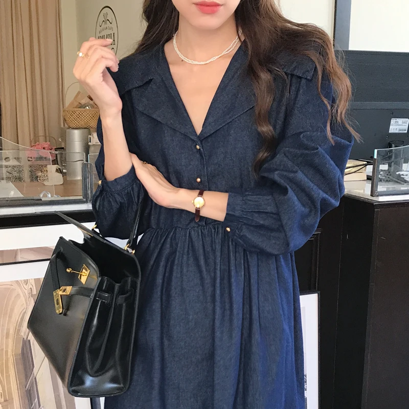 Women\'s Spring Vintage Long Denim Shirt Dress Sailor Collar Single Breasted Maxi A-line Dresses