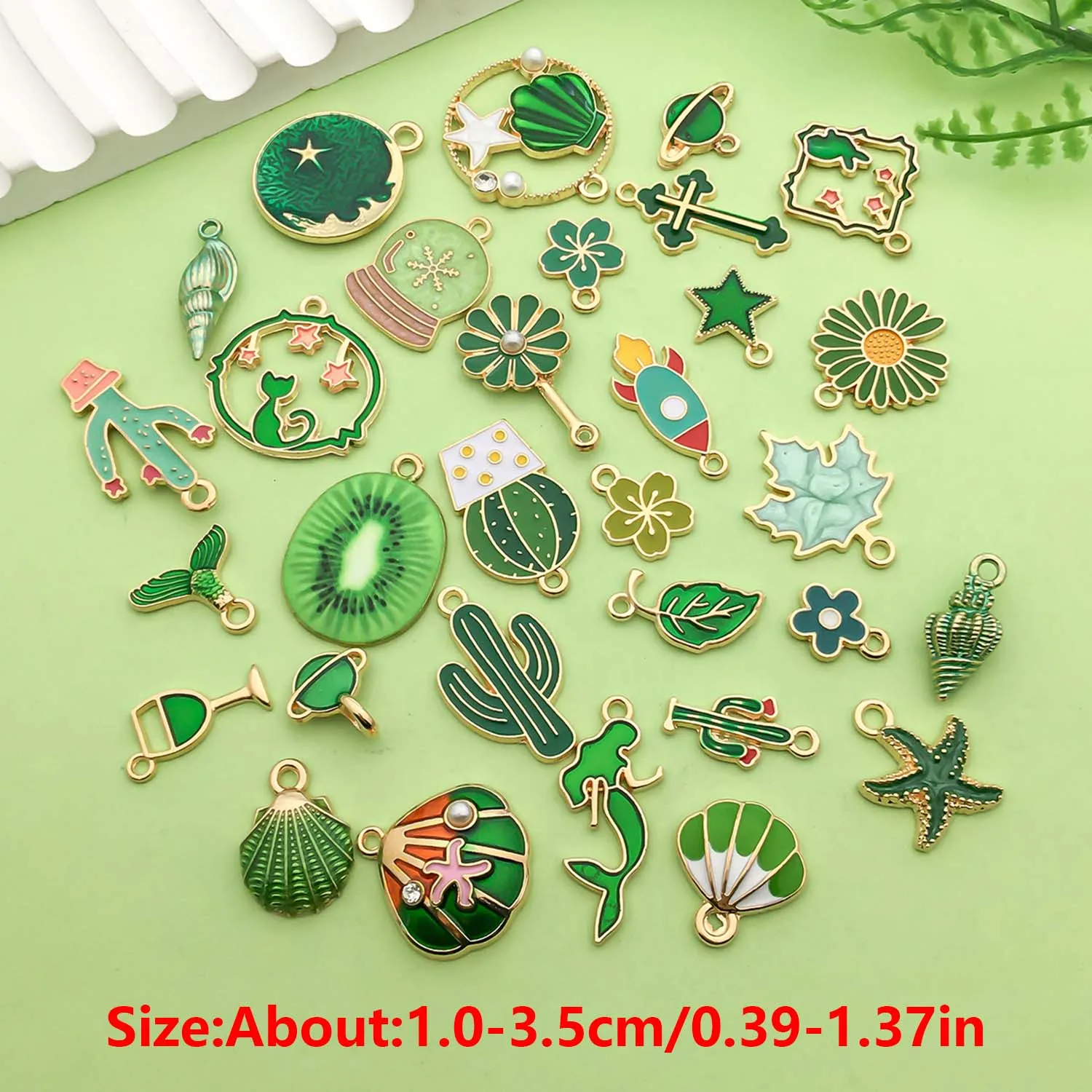 5/30pcs Green Enamel Charms Alloy Marine life, hearts, stars, cacti, flowers, leaves Pendants for DIY Jewelry Making Accessories