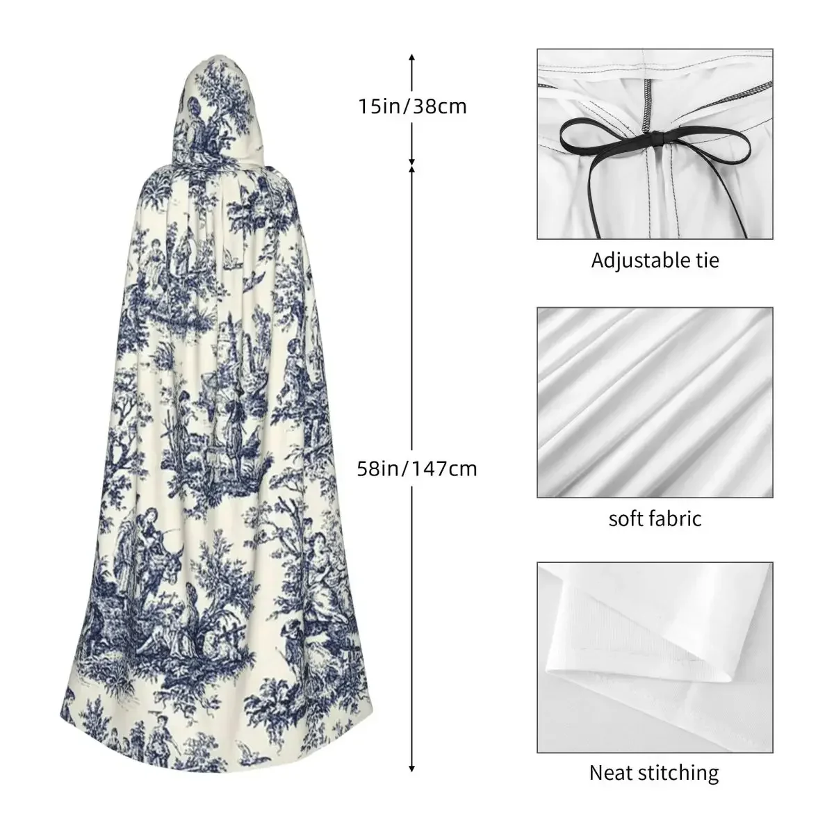 Vintage Toile De Jouy Navy And White Long Hooded Cloak Witch Medieval Costume Cosplay HalloweenCoat Adult Unisex