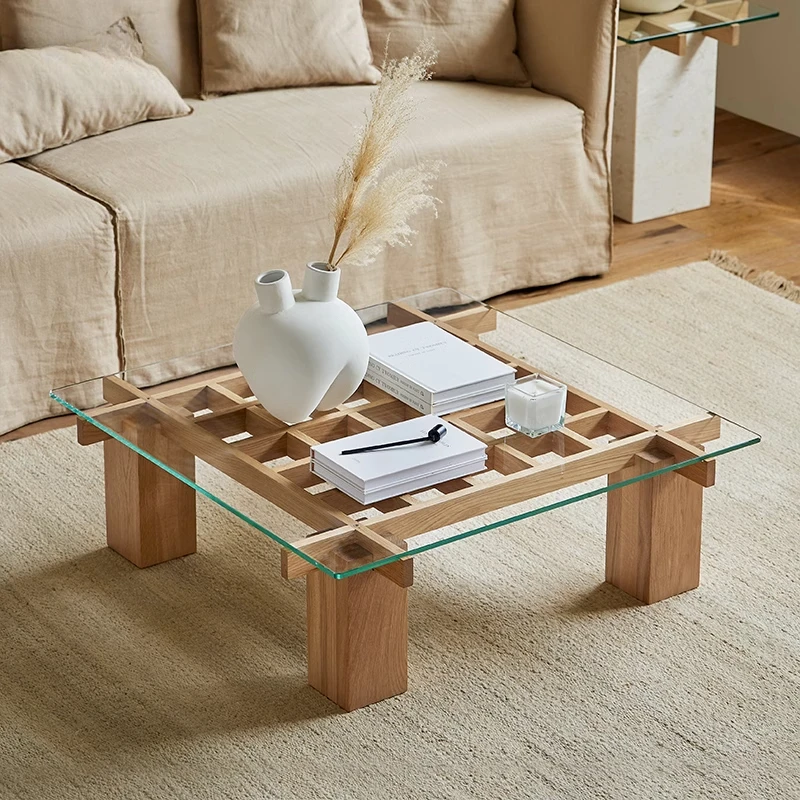 

Grid solid wood glass coffee table living room small apartment wabi sandy wind log modern and simple