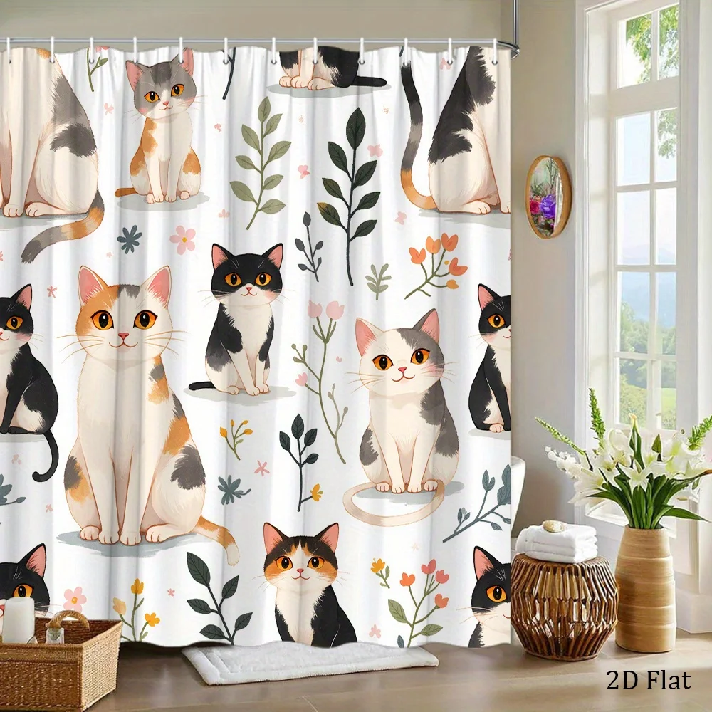 1pc Whimsical Cat Pattern Shower Curtain, Polyester Woven Fabric with Green Leaves & Colorful Flowers, Playful Design Bath Curta