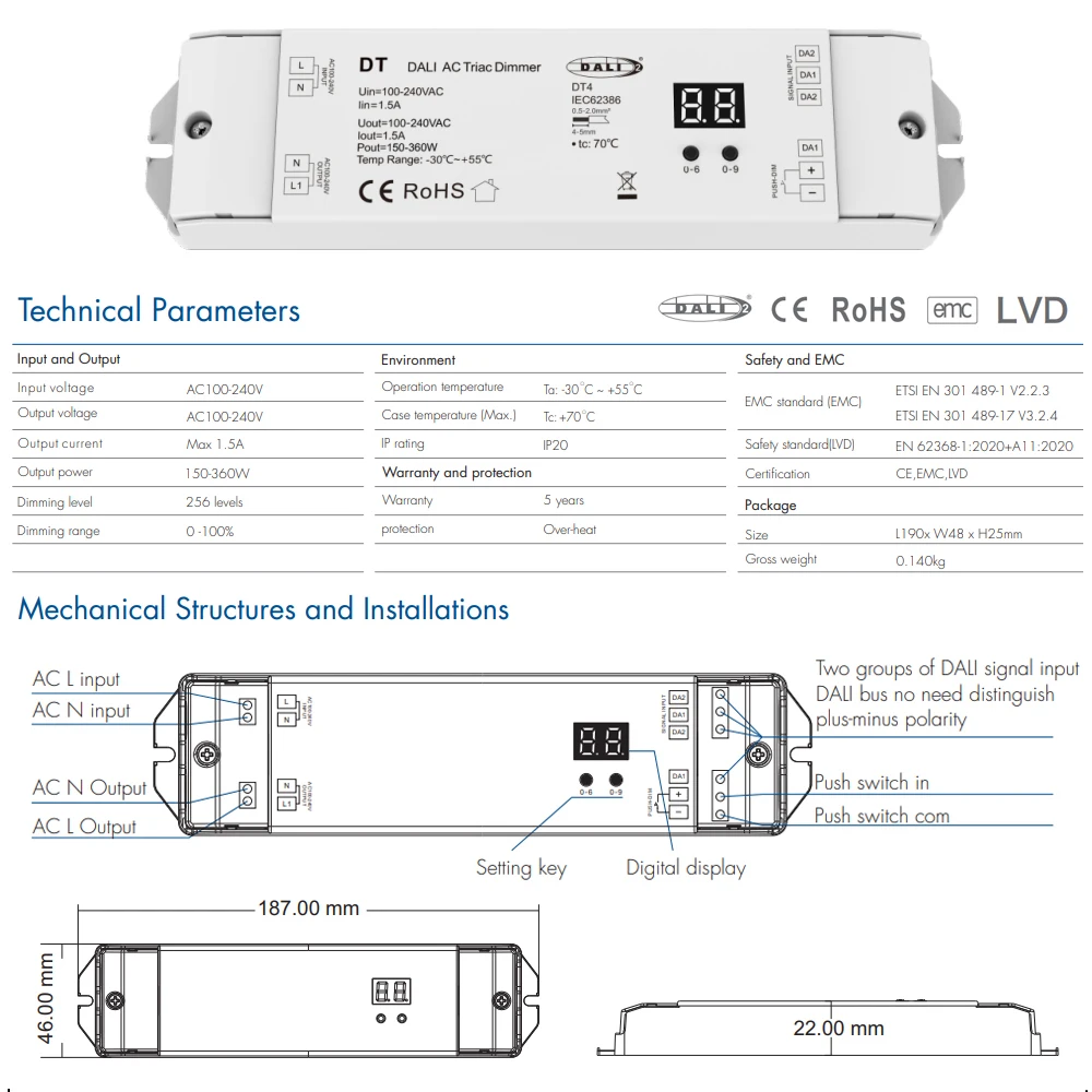 CENFAYA AC Triac DALI Dimmer DT4 z przełącznikiem wciskanym Ściemnianie Cyfrowy wyświetlacz Funkcja DALI2 Dla AC 110V 220V 230V Ściemnialne lampy LED