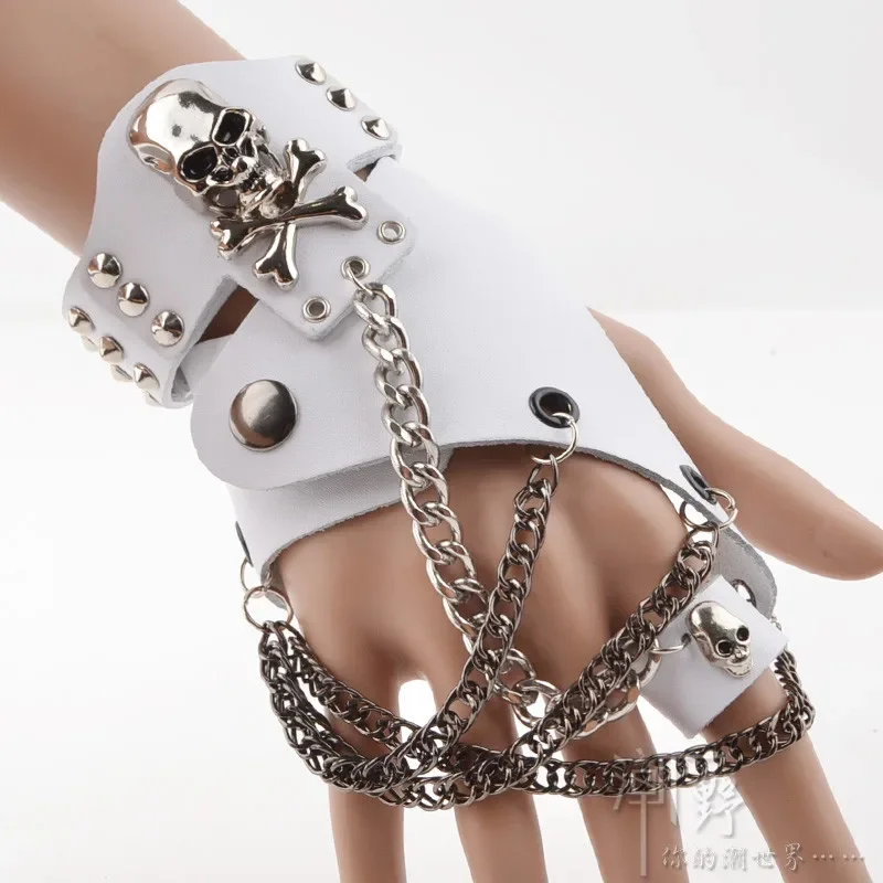 Fashion men women hip-hop non-mainstream half-finger gloves chain ring genuine leather punk rivet cosplay