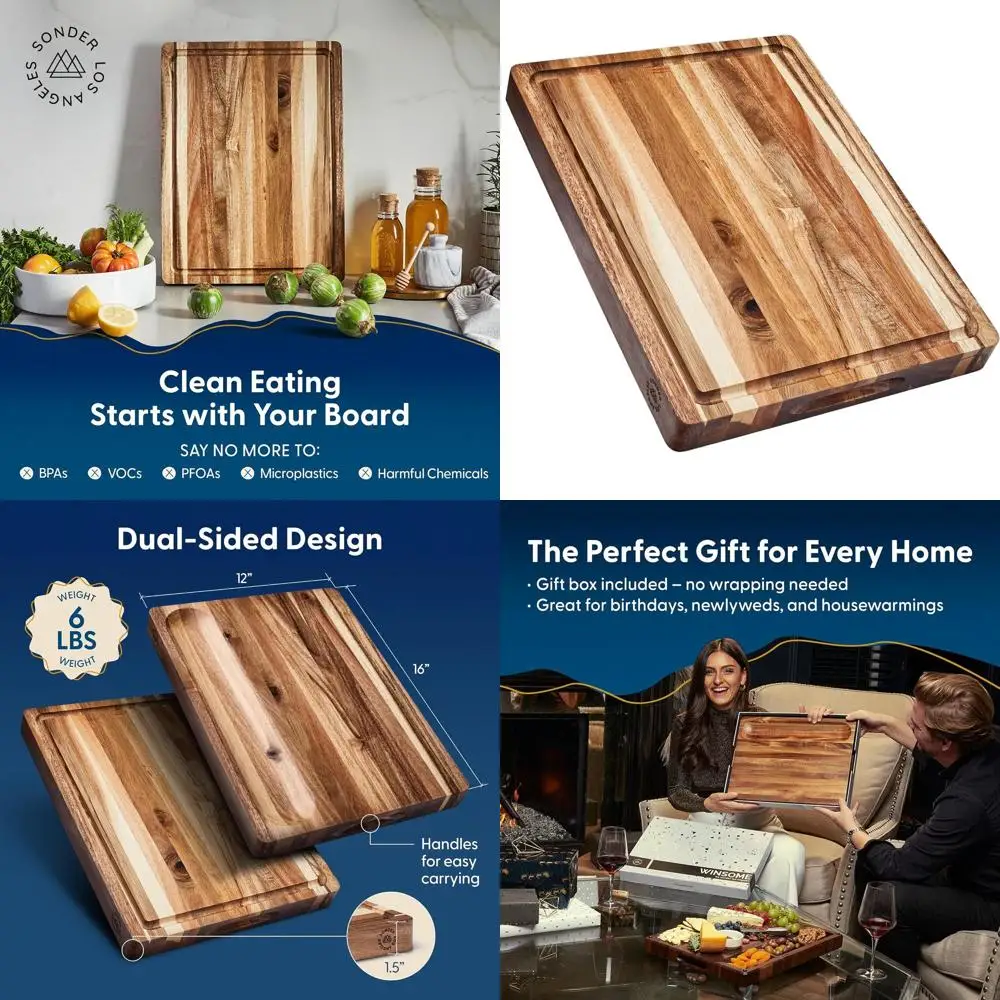 

Экологичная кухонная разделочная доска из дерева акации с пазом для сока и поддоном для сортировки, 16x12x1,5 дюйма, в подарочной упаковке