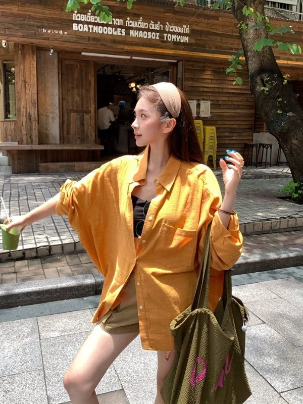 

plus Size Women's Orange Cotton Linen Drapey Collar Long Sve irt Spring Summer New Sle Loose Versatile Top Lazy Sle