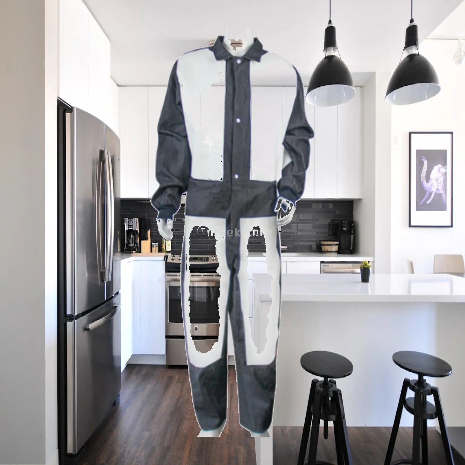 Protective Coverall Durable Denim Cowhide Reinforced Sandblasting Jumpsuit Tie Back Waist Fit for Metal Fabrication