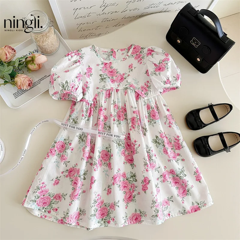 

Girls' Elegant Floral Dress2025Summer New Children's Stylish Pastoral Style Puff Sleeve Princess Dress