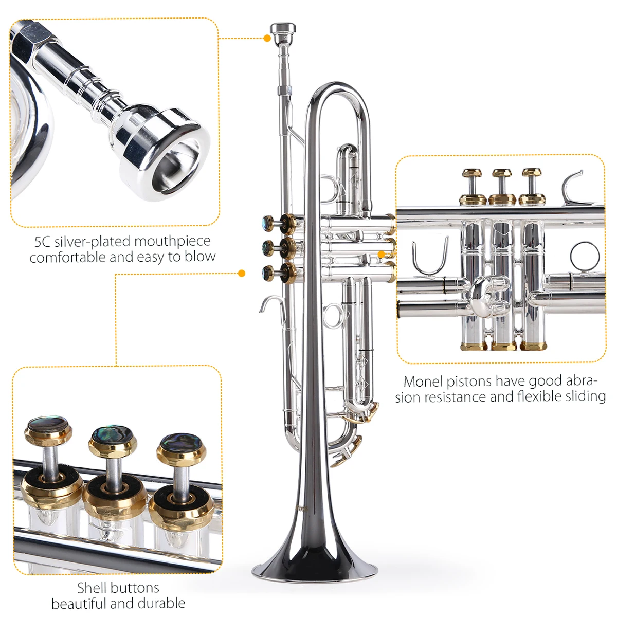 Prefessional Bb Trumpet Brass Material Silver-Plated Surface Beautiful Shell Buttons Wind Instrument with 5C Mouthpiece