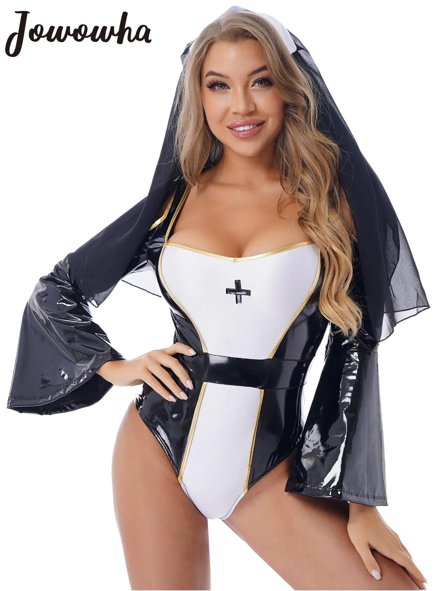 

Womens Naughty Nun Costume Wet Look Patent Leather Flare Sleeve Bodysuit Halloween Religious Sister Cosplay Catsuit Fancy Dress