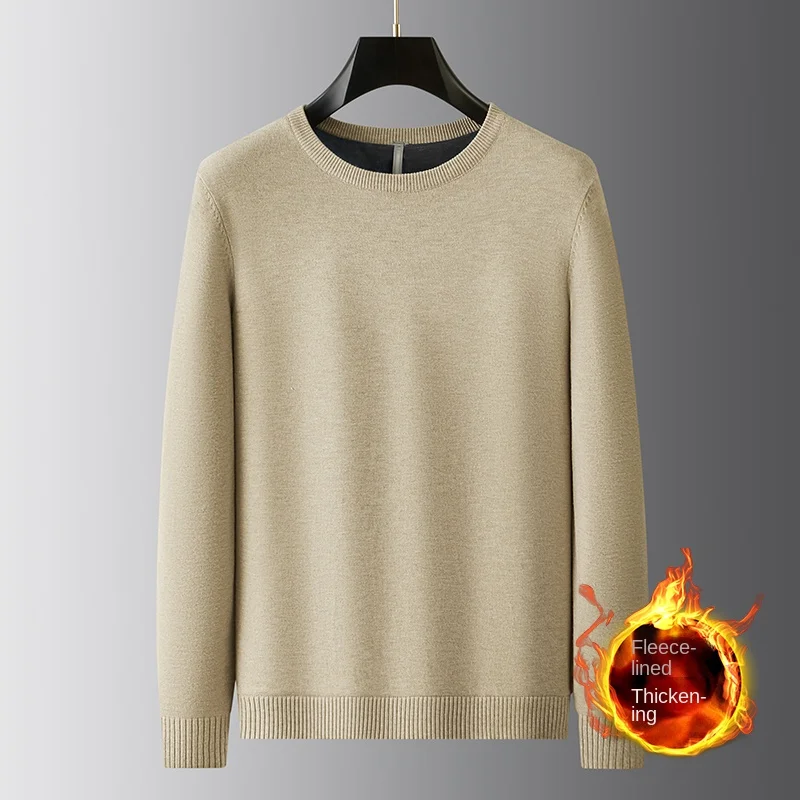 Winter Warm Sweater Men's Fleece-lined Cold-Resistant High-End Simple All-Match Stretch Casual Fashion round Neck Sweater