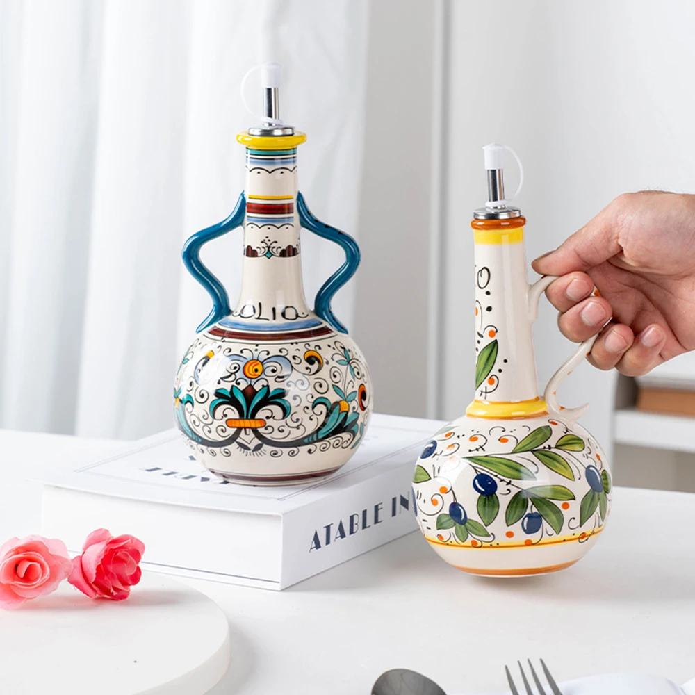 

Скандинавская ручная роспись керамическая бутылка для масла, кухонный диспенсер для хранения уксуса, масла, кухонная утварь для домашнего использования, кухонная банка для приправ