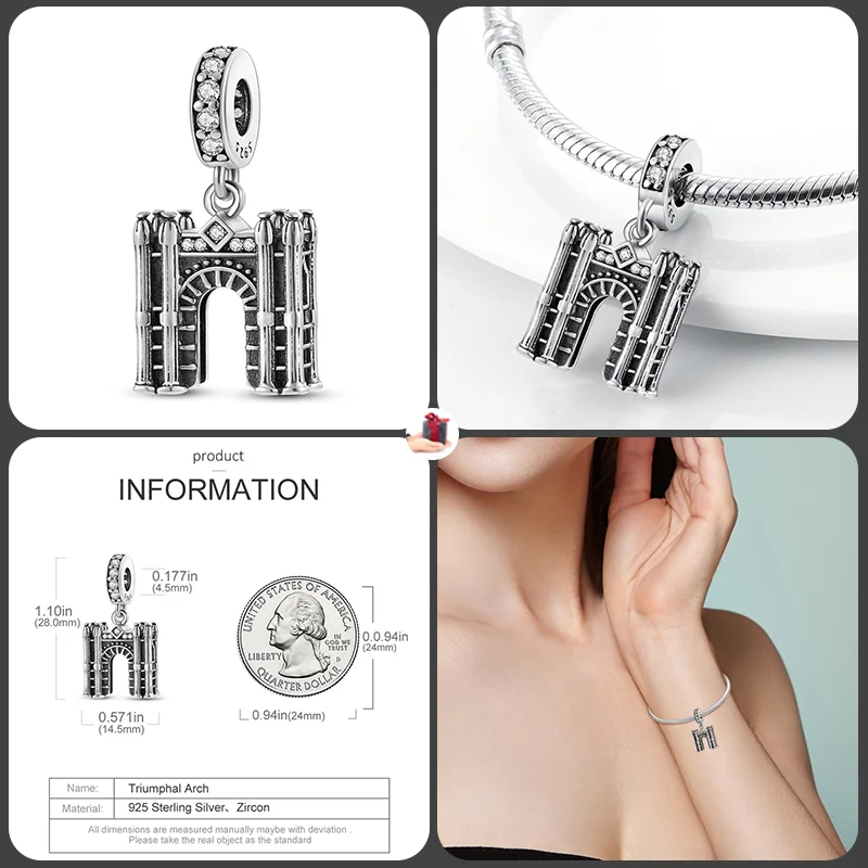 925 Sterling Silver Fashionable Tower Architectural Silver Collection Charm Beads for Brand Original Bracelet DIY Jewelry Gift