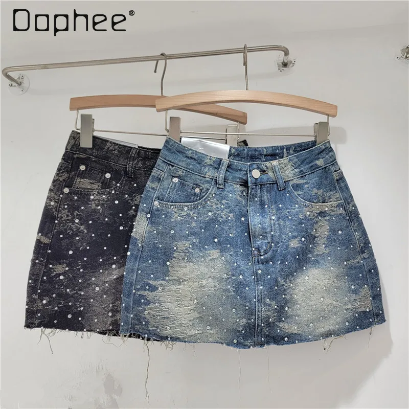 Rhinestone Jacquard Short Jean Skirt for Women 2024 Summer New Hot Girl High Waist Anti-Exposure A- Line Denim Hip-Wrap Skirts