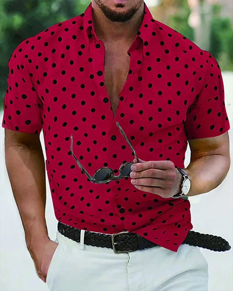 Men\'s shirt Summer beach shirt black and white short-sleeved polka dot lapel holiday wear fashion casual comfortable clothing to