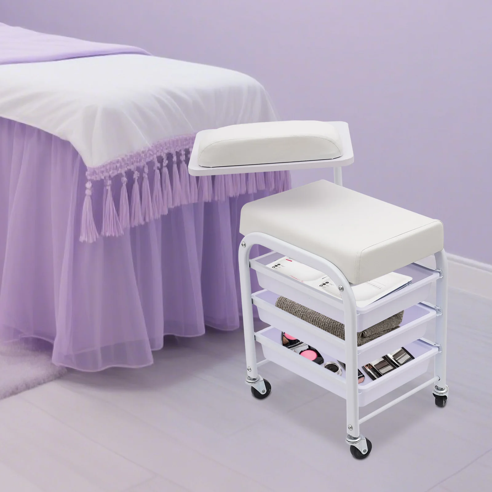 

Rolling Utility Trolley Stand Salon Nail SPA Portable Cart with 3 Drawers Storage for Home Shop Hair Beauty White