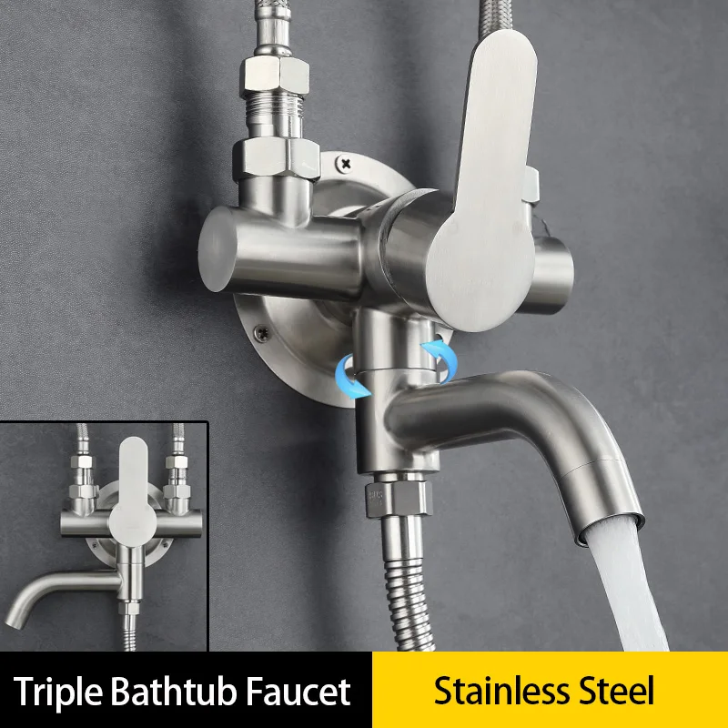 Stainless Steel Exposed Shower Faucet with Control Valve Switch Tap Wall Mount Tub Filler Folding Spout Handheld Shower Sprayer