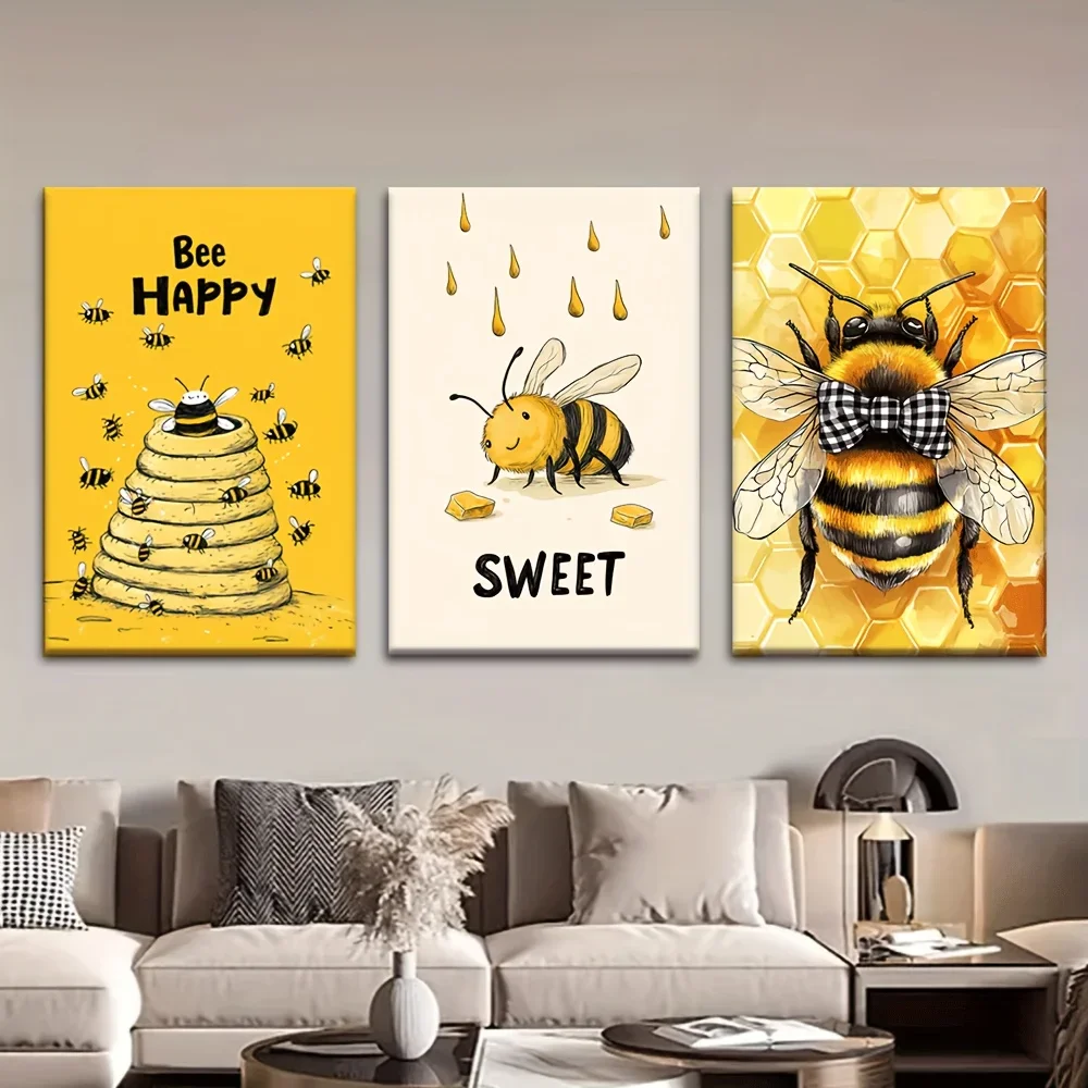 3pcs Hand-Painted Yellow Bumblebee & Bee - Unframed Canvas Posters, Hand-Painted Bee-Themed Paintings Suitable for Living Roo