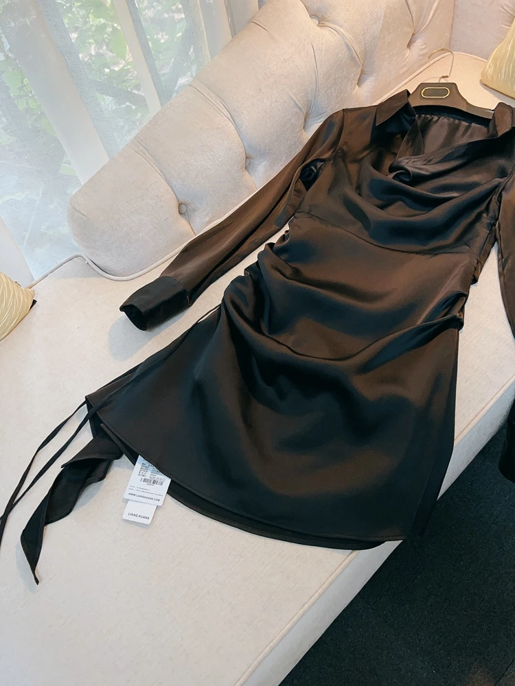 Ele Bla Satin de soie irt Dr avec plis couchants à la taille longue Sve taille haute V-ne A-line Silhouette pour femme