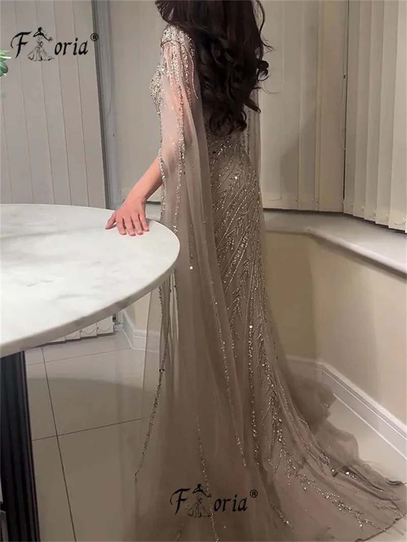 Luxury Dubai Beaded Nude Evening Dresses Long Cape Sleeves Sparkly Sequin Mermaid Wedding Dress Celebrity vestidos de novia 2025