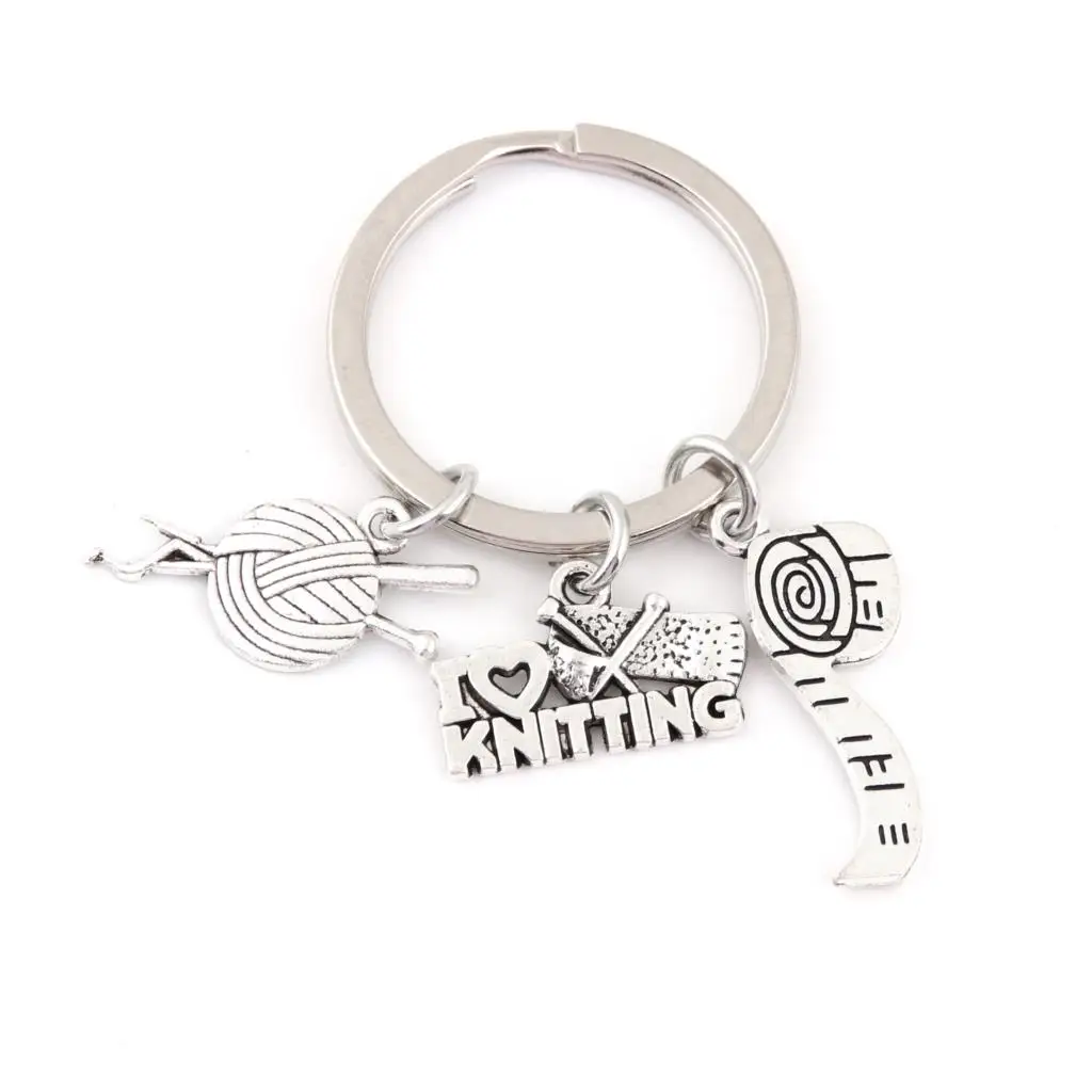 1Pc I Love Knitting And Measuring Ruler Charms Keychain Yarn Ball Knit Crochet Keyholder Dressmaker Mom Gift Jewelry Craft