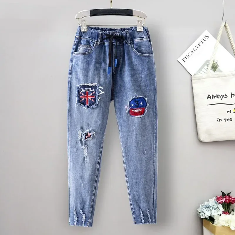 XL-6XL Plus Size jeans for Women Mom Jeans Woman Elastic High Waist Blue BaggyJeans Denim Ripped Jeans Female Harem Pants