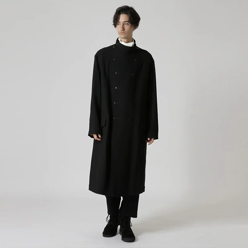

YOJI OOAK original design flannel long coat men's double breasted stand up collar loose temperament coat