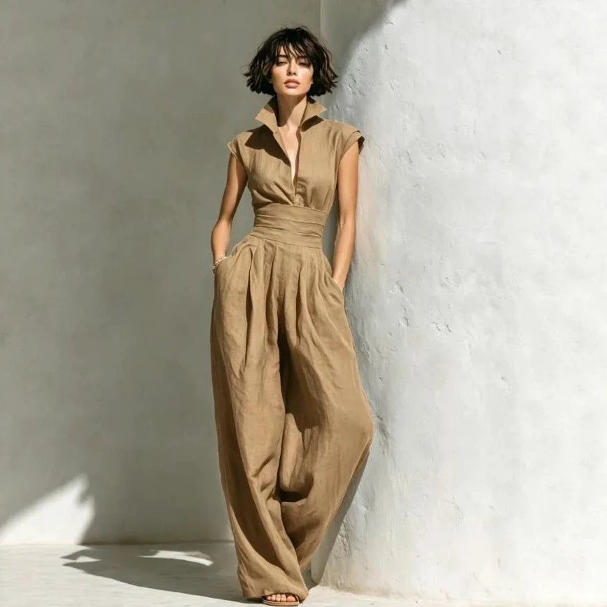 Women's Korean Style Sleeveless Solid Color Loose Fit Mid Waist Woven Jumpsuit For Woman Elegance Women Casual Thin Pants