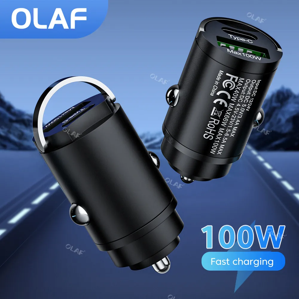 Olaf-Cargador de coche 2 en 1 con USB C, dispositivo de carga rápida de 100W, invisible, para iphone 13, 12 Pro Max