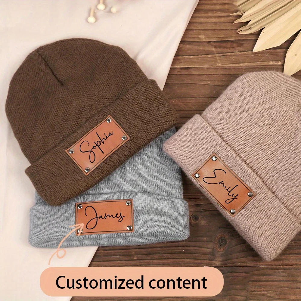 Custom Name Leather Label Knit Beanie Hat, Soft Warm Cuffed Winter Skull Cap Outdoor Daily Wear Unisex Knitted Hat.