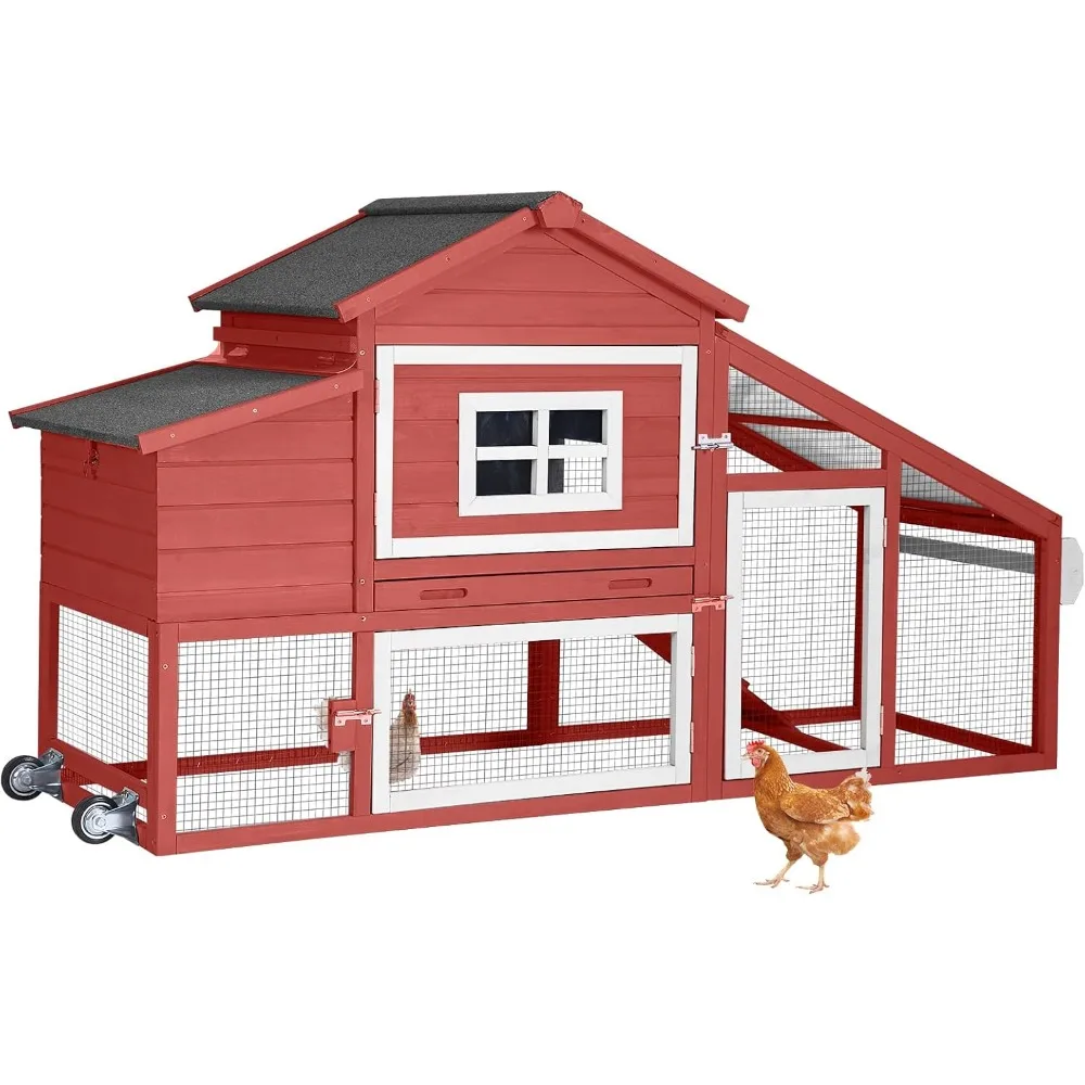 

Mobile Chicken Coop with Wheels, Outdoor Wooden Hen House with UV-Resistant Roof Panel & Run, Portable Poultry Cage for Chickens