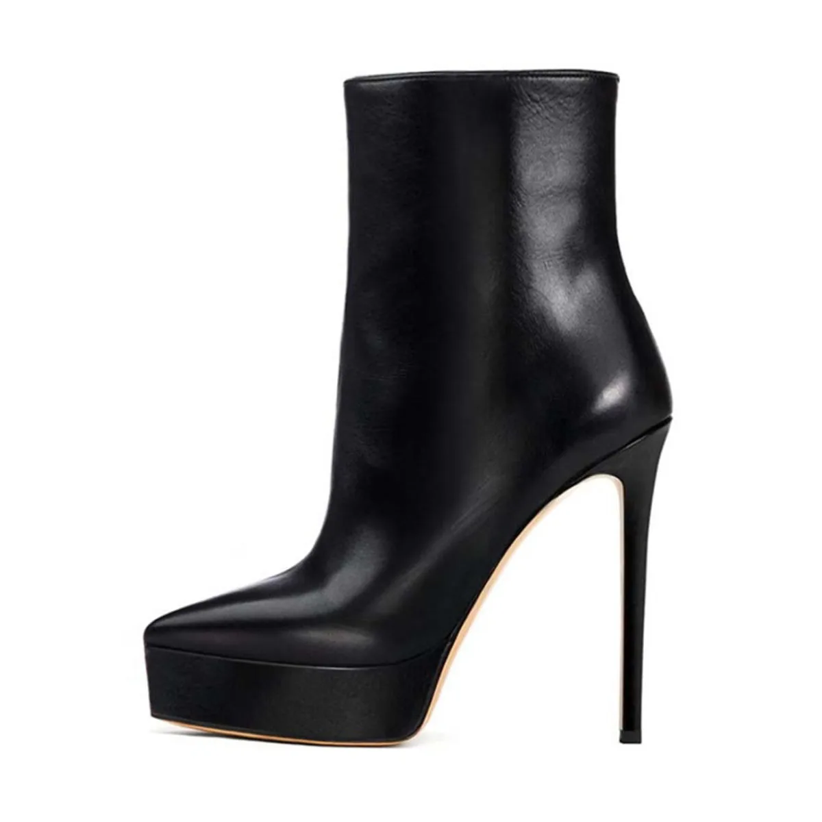 

Arden Furtado Spring Black PU Platform Thin heels Short boots Pointed toe Side zipper Super high heel Modern boots Skinny boots