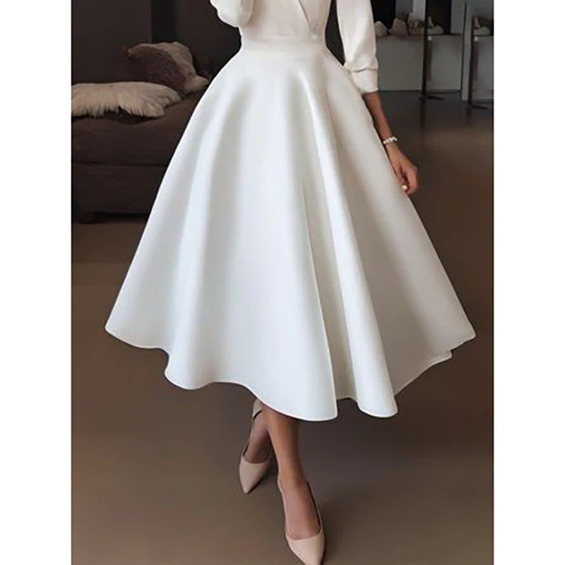 White Draped V-Neck Tea-Length Eevening Dresses Three Quarter Long Sleeve Chic A-Line Prom Dress Gorgeous Bespoke Gown Vestidos