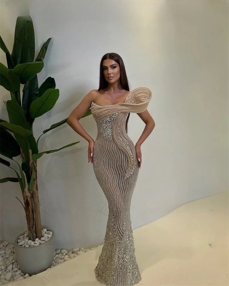 Champagne Evening Dresses Strapless Party Engagement Gowns Aso Ebi Crystals Beaded Mermaid Prom Dress Robe De Soiree Customized