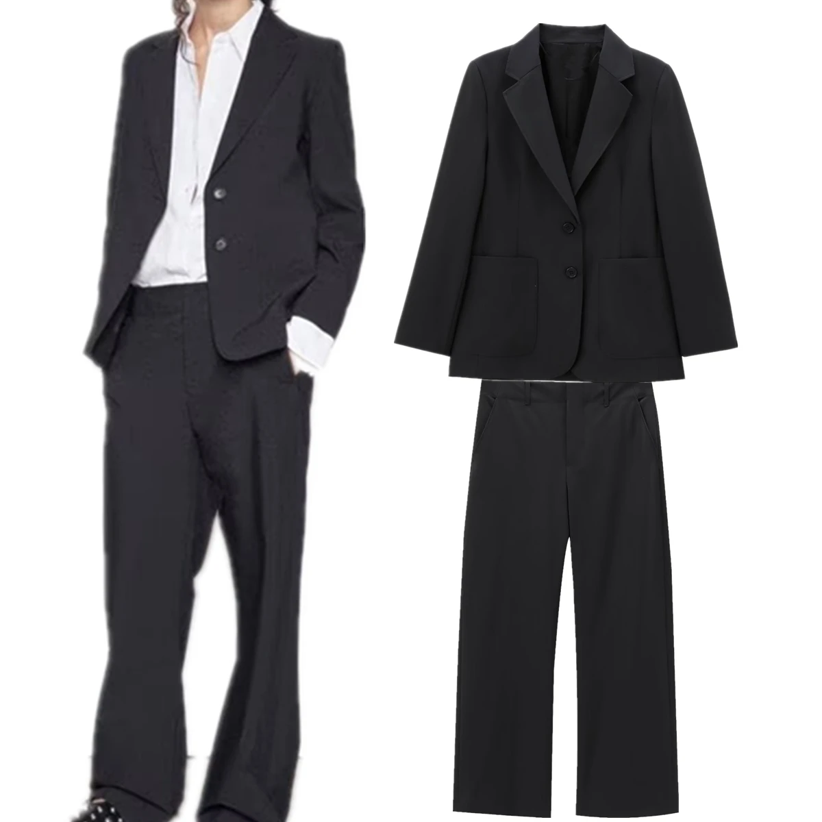 

Withered 2024 Autumn Minimalist Women's Black Suit Set Tube Loose Blazers Straight Suit Pants Trousers Women