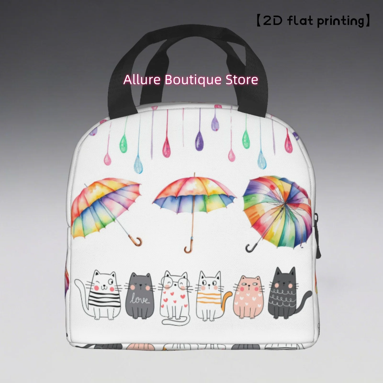 1pc Cat Umbrella Theme Portable Reusable Cooler Bag - Polyester Lunch Box Bag with Black Handles, Colorful Rainbow & Kitten Desi