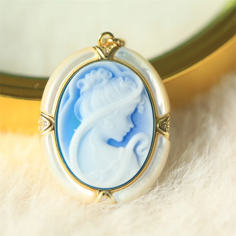 S925 Silver Inlay German Camio Agate Embossed Girl Pendant Camio Pendant