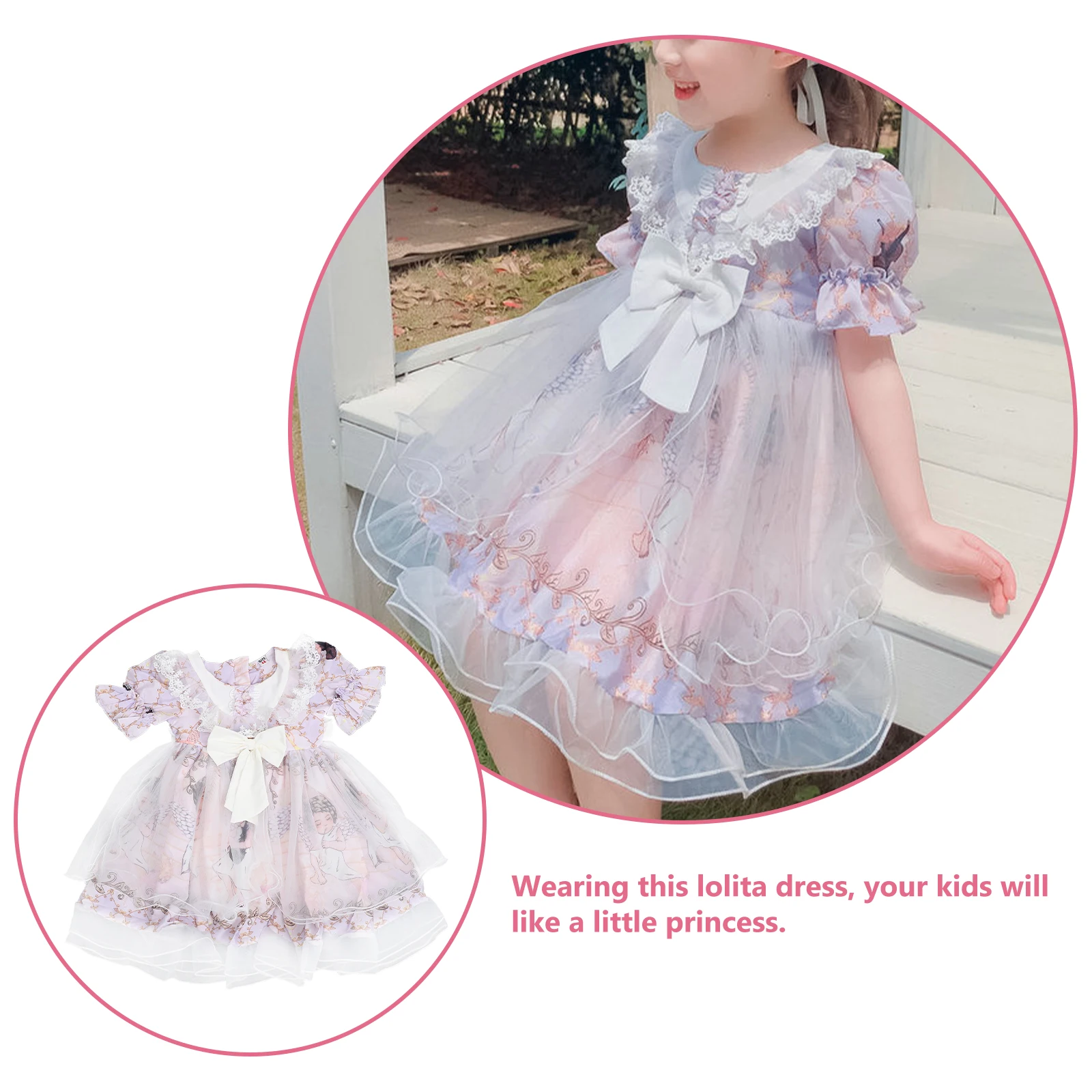 

1pc Short Sleeve Dress for Girls 110cm Soft Comfortable Summer Lolita Party Campus Daily Wear Easy Clean Princess Style